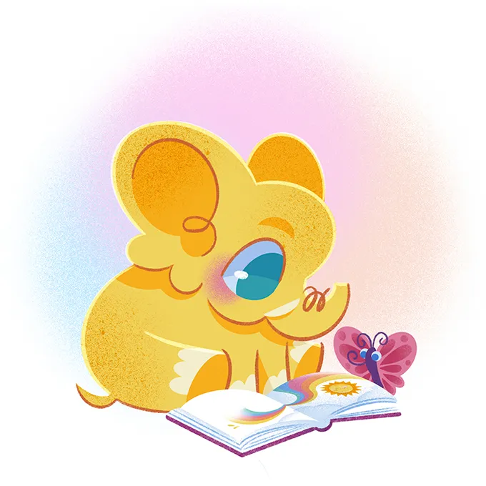 Melon and a pink butterfly a reading a book