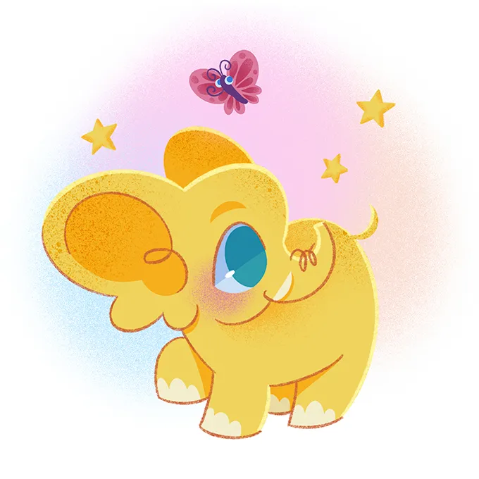 Melon and a pink butterfly are surrounded by twinkling stars